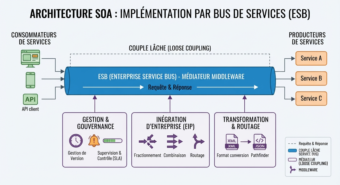 Diagram depicting an enterprise service bus connecting multiple applications and services with standardized interfaces and asynchronous message flow