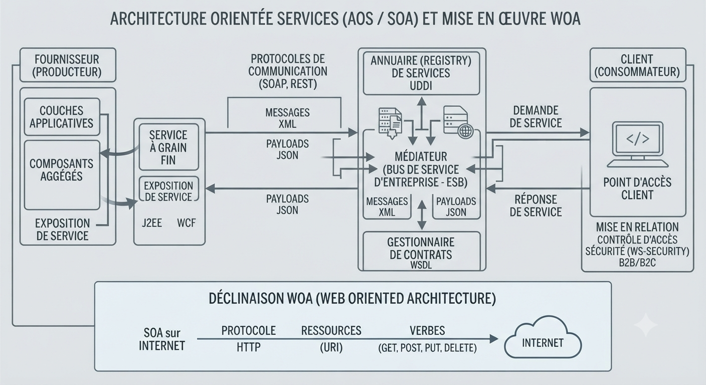 Conceptual diagram showing service oriented architecture with service provider, consumer, and mediator separated by an integration layer